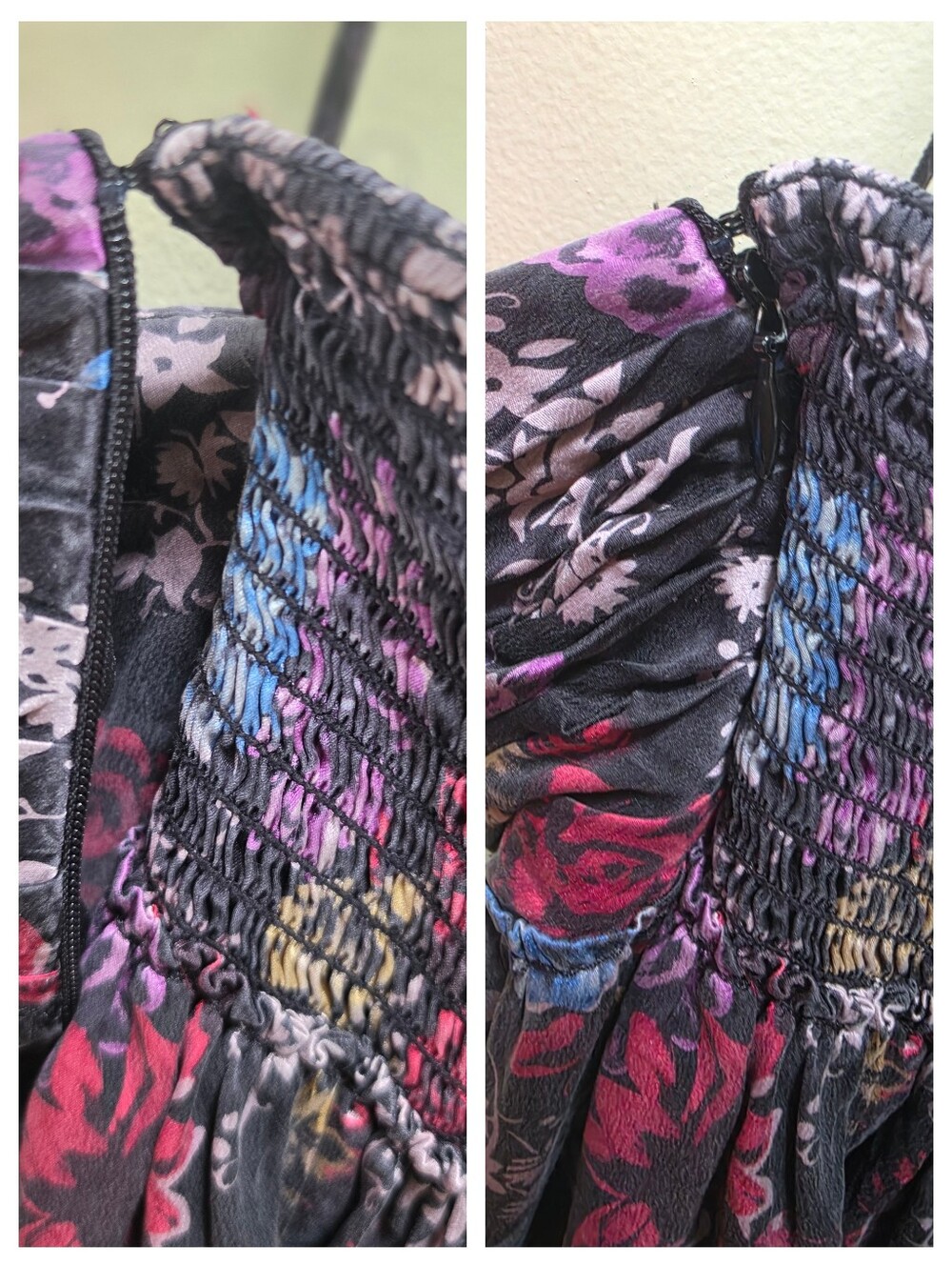Betsey Johnson Vintage Y2K Silk Floral Ruffles Smocked Tulip Dress Fairy Black 2 - Picture 12 of 16